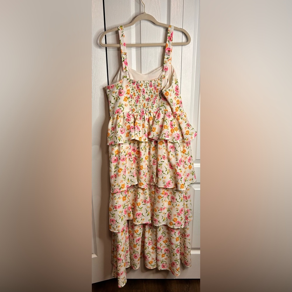 Arula Women’s White With Pink Flowers Floral Tiered Smocked Maxi Dress Size XL - Picture 4 of 7